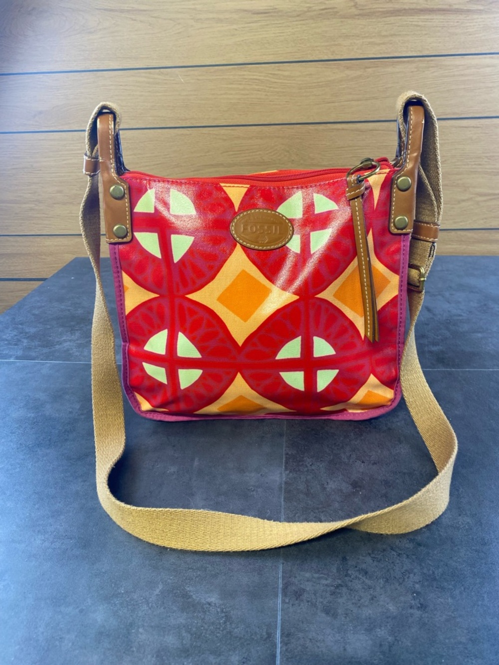 Fossil Red,Orange & Pink Wax Coated Geometric Crossbody Bag